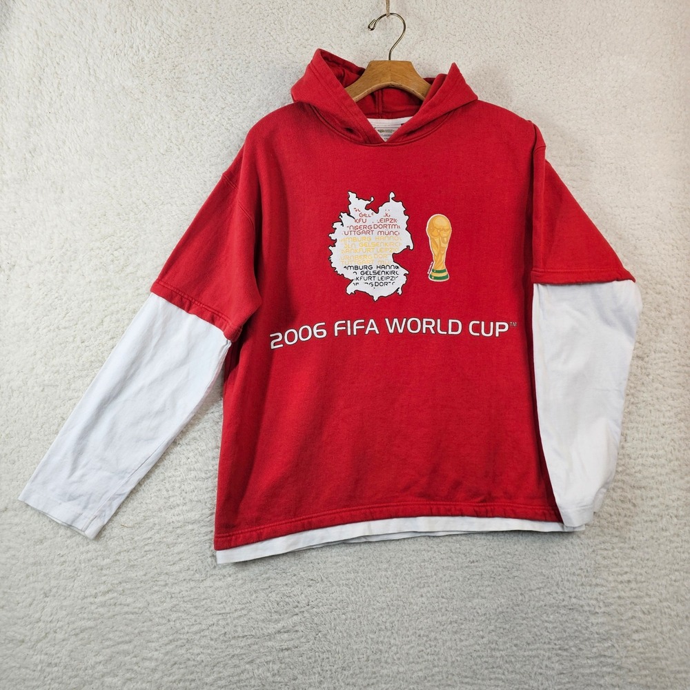 C&A 2006 FIFA World Cup Germany Hoodie Red White Layered Sleeve Womens L 170/176